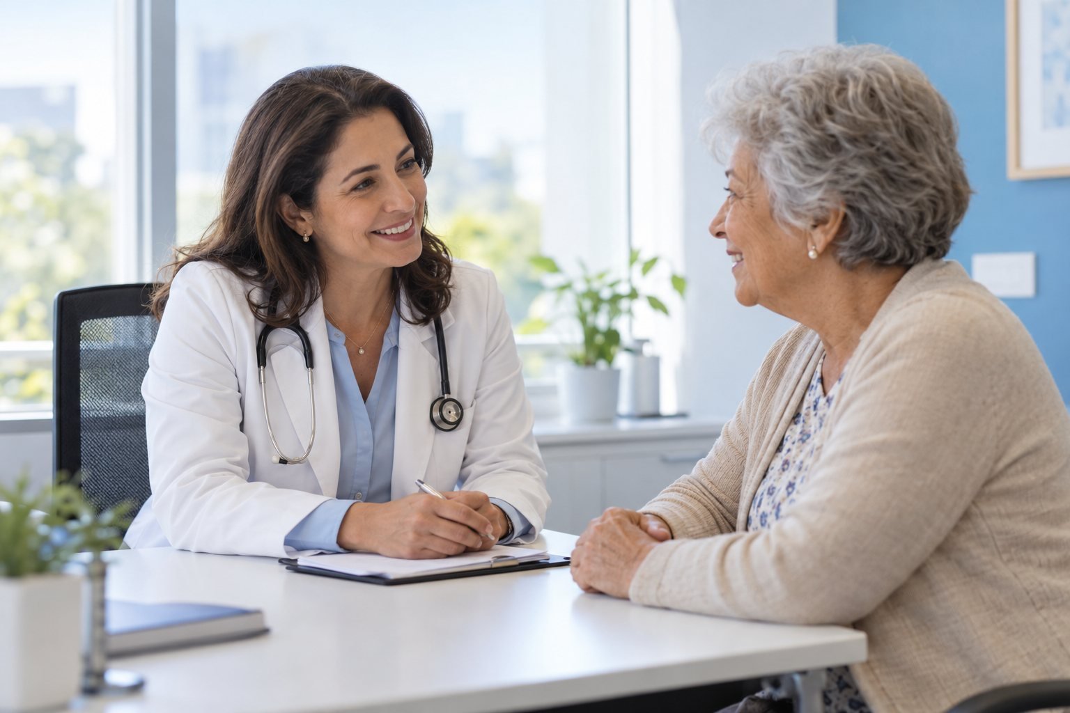 Médica conversa com uma paciente idosa no consultório — imagem ilustrativa