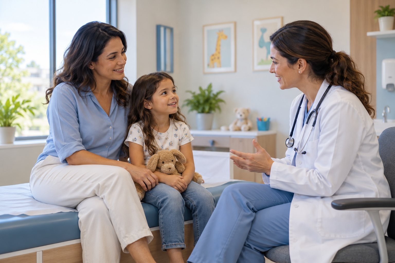 Mãe e criança conversam com uma pediatra — imagem ilustrativa