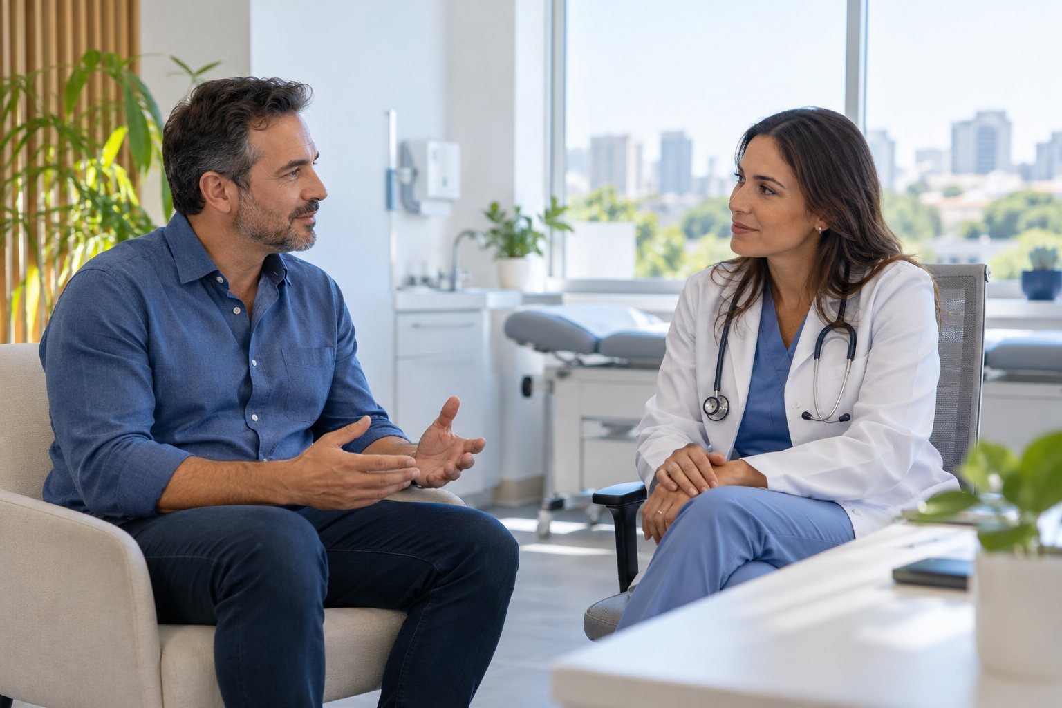 Empresário conversa com uma médica sobre saúde no trabalho — imagem ilustrativa