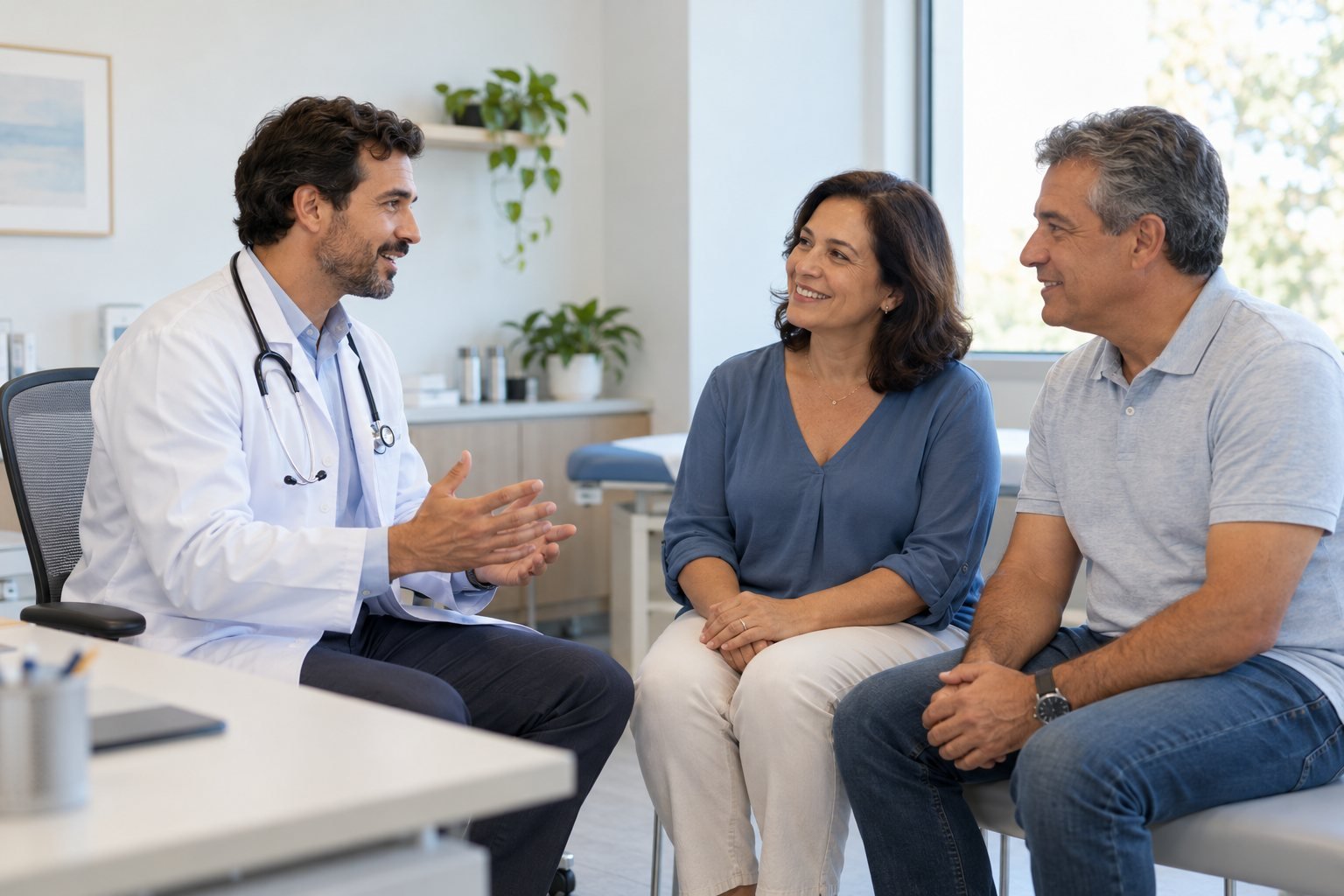 Casal conversa com um médico de família em um consultório — imagem ilustrativa