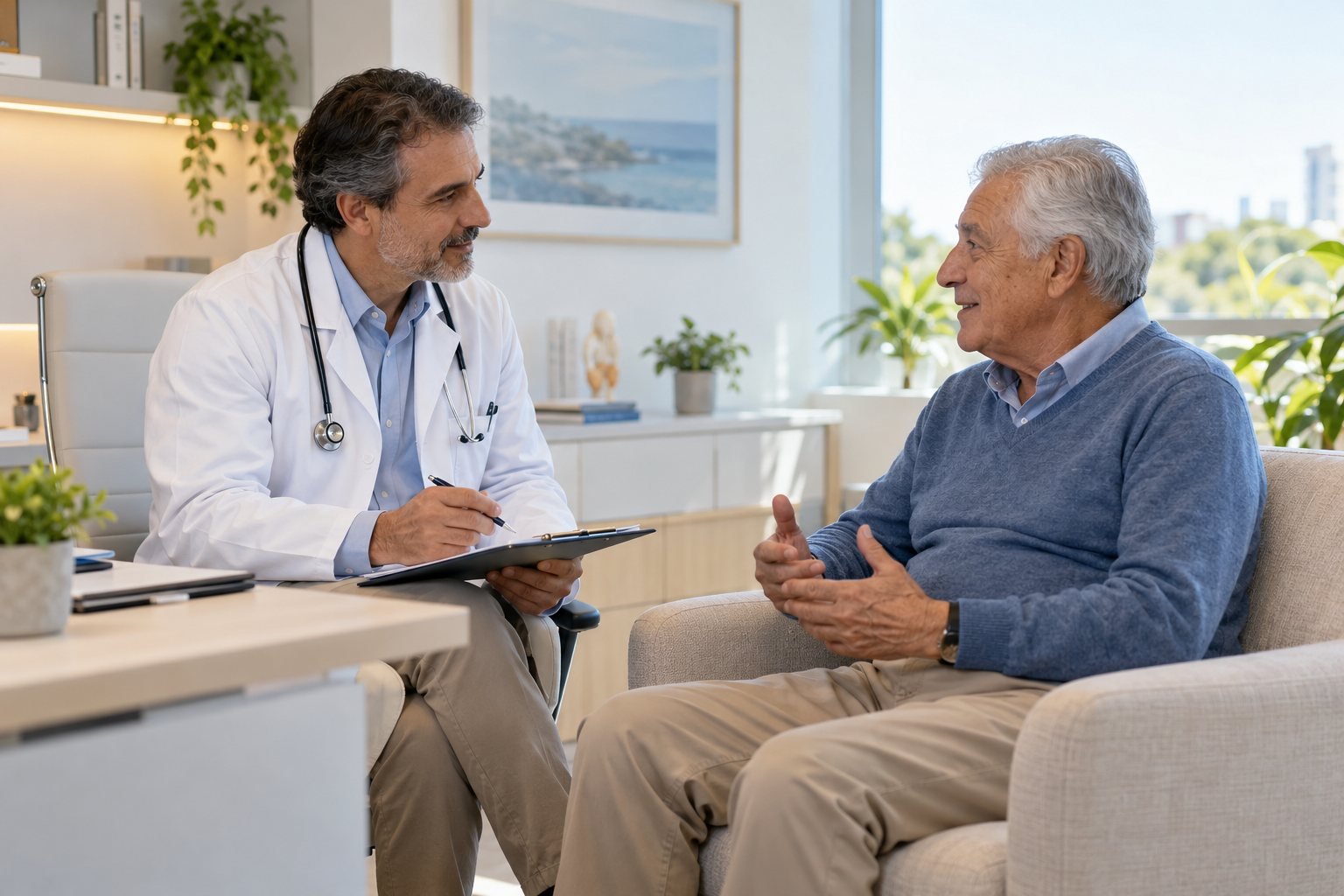 Médico escuta um paciente idoso em um consultório — imagem ilustrativa