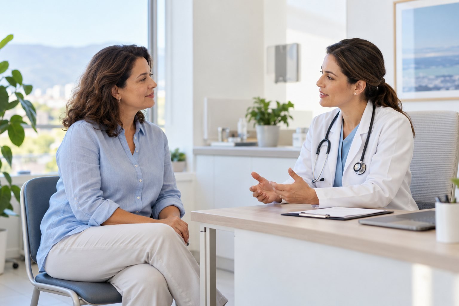 Mulher conversa com sua médica em um consultório — imagem ilustrativa